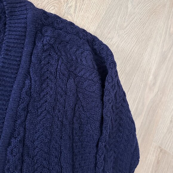 Vtg Pure Wool Aran Cable Knit Cardigan Sweater - Navy - Picture 3 of 14